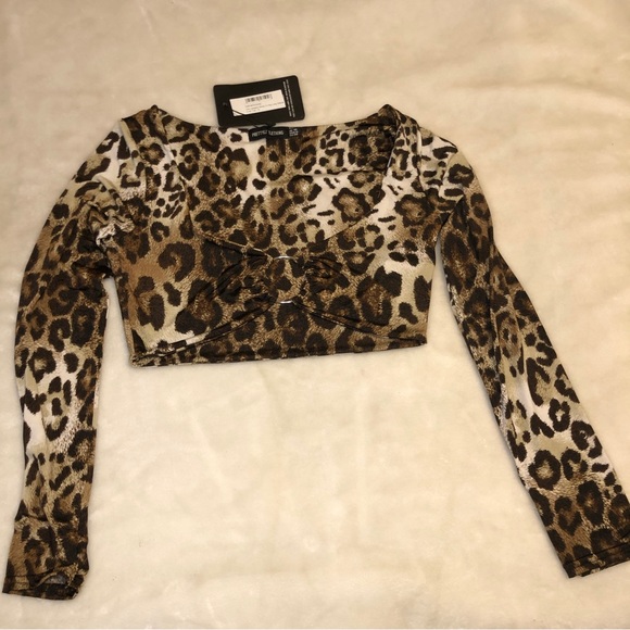 PrettyLittleThing Tan Leopard Slinky O Ring Long Sleeve Crop Top Size US-6 - Picture 11 of 14